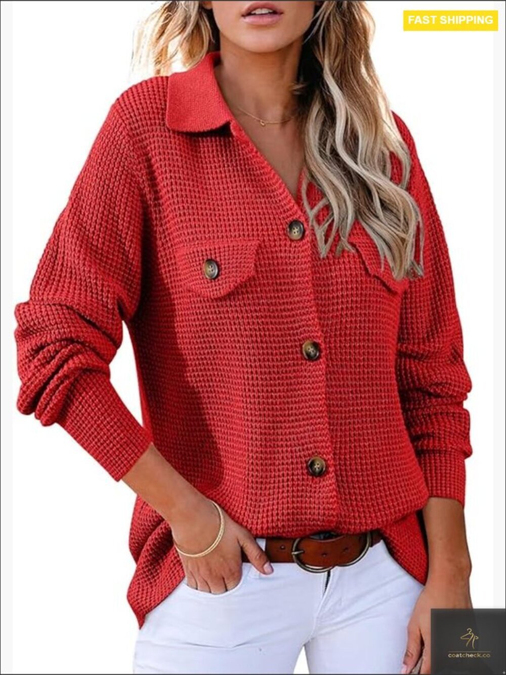 Waffle Knit Shacket Jacket Casual Long Sleeve Button Down Cardigan Sweater Top